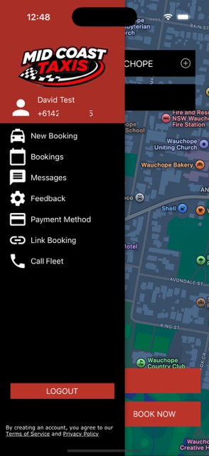 Midcoast Taxis App — Menu dark mode
