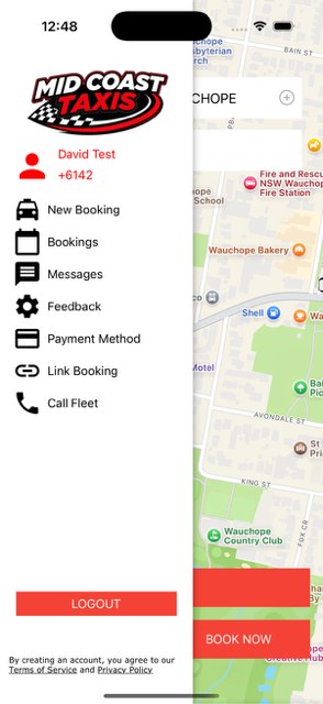 Midcoast Taxis App — Menu screen