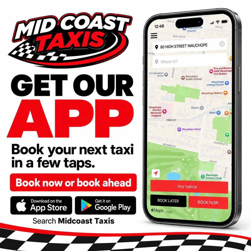 Get the Midcoast Taxis App — Book your next taxi in a few taps — App Store and Google Play